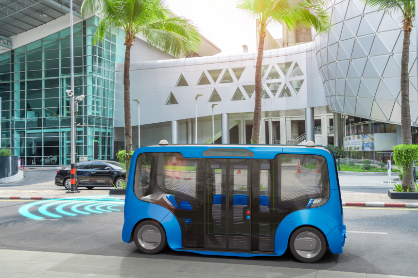 Autonomous electric bus self driving on street, Smart vehicle technology concept, 3d render