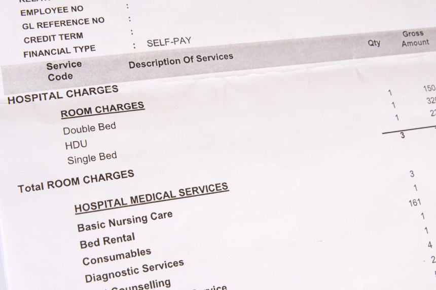 A statement listing patient's medical treatment and healthcare expenses during a hospital stay