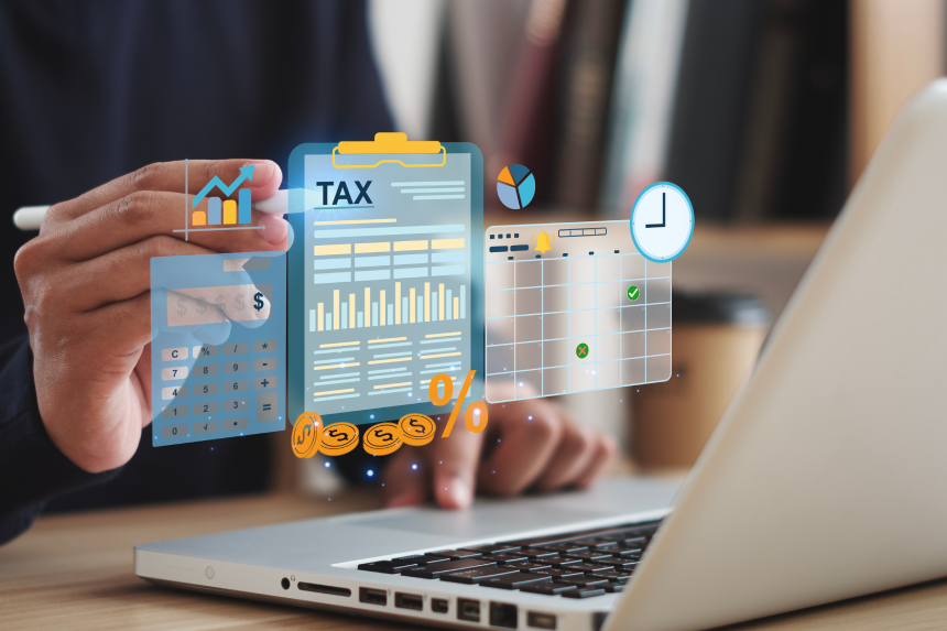 Tax concept. Person using computer to fill out personal income tax return to pay taxes online.