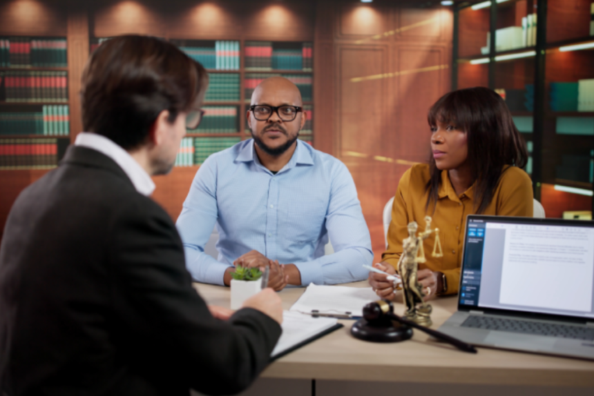 Man And Woman Consulting A Lawyer During A Family Meeting At Office. Couple Discussing Estate Planning
