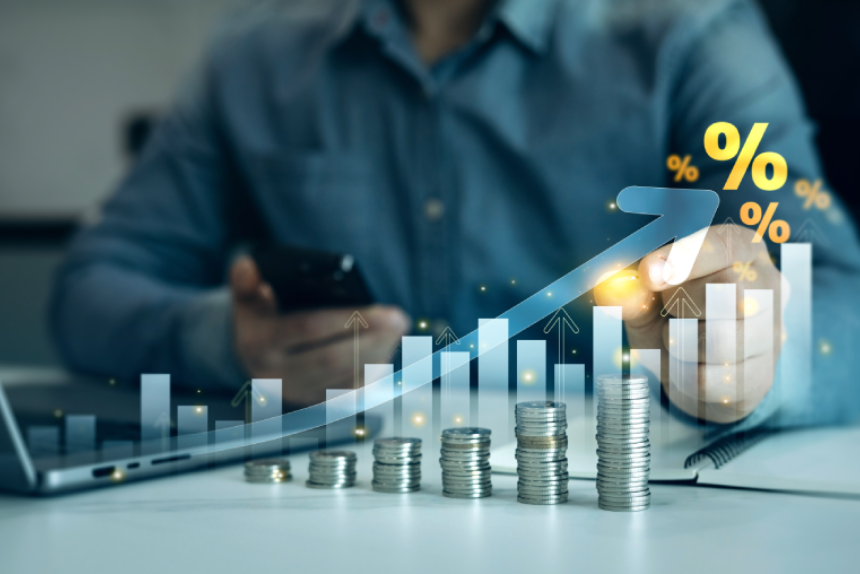 Percentage interest rates continue to increase, stocks and mutual funds, compensation fund, investment, retirement and dividend tax graph