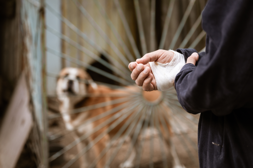 The male dog Alabai bit the man's hand. Bandaged human hand after dog bite Concept of animal care and rabies prevention
