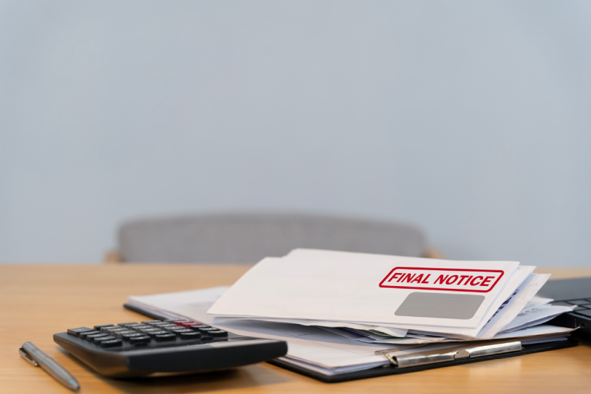 Final notice letter on stacked financial paperwork with calculator and pen on a desk, representing overdue bills, debt collection, payment reminders, budgeting issues, and financial warning.