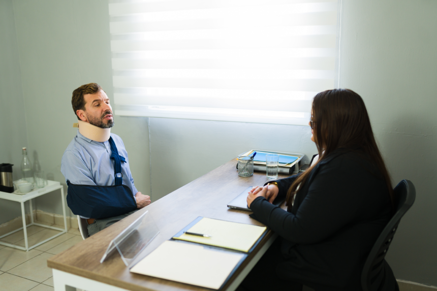 Injured man wearing a neck brace and arm sling discussing his personal injury claim with a female lawyer in an office
