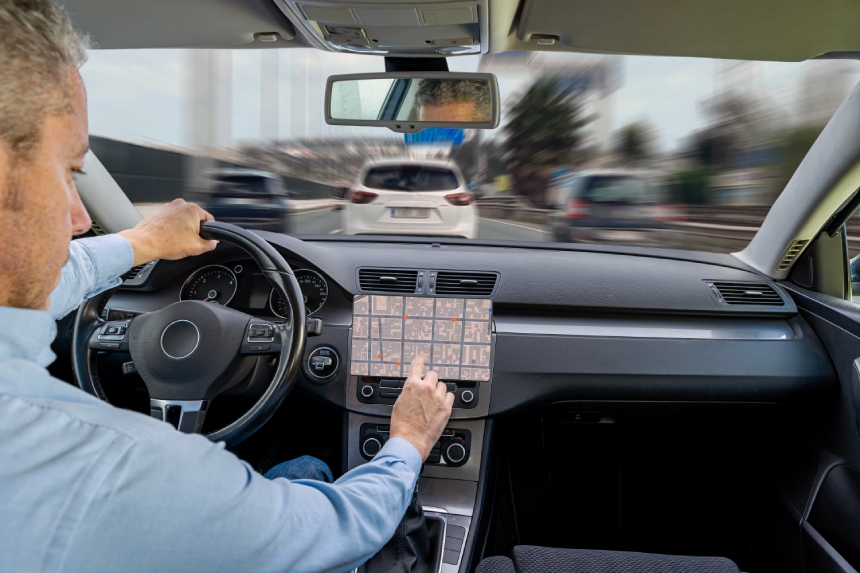 Distracted driver using gps navigator screen while driving on highway.