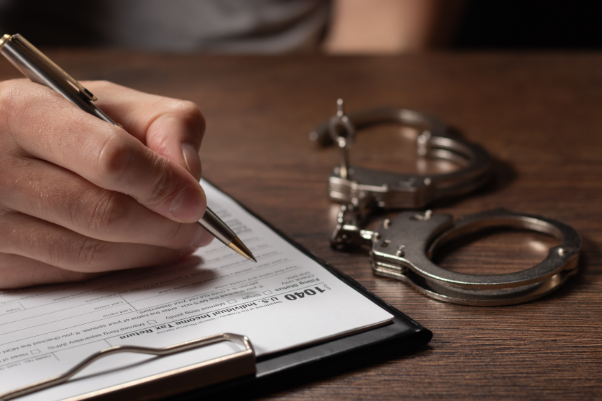 Tax evasion, crime and fraud concept. Man in handcuffs filling out tax form Income tax return documents and handcuffs