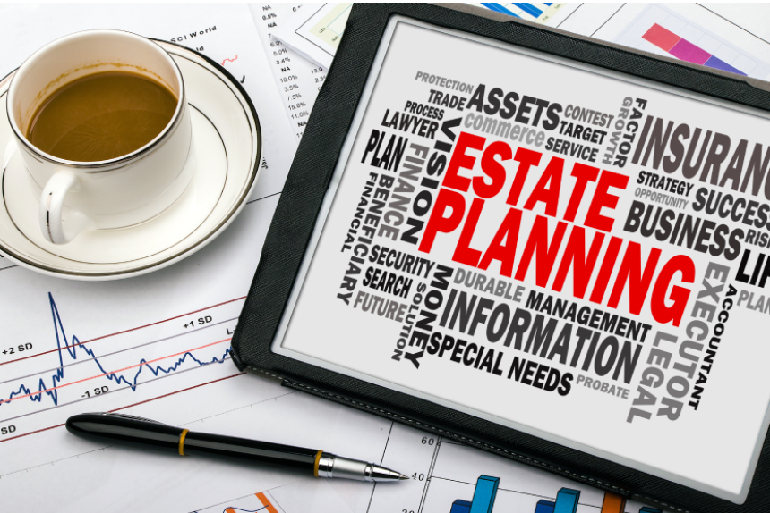 estate planning concept with related word cloud on tablet pc