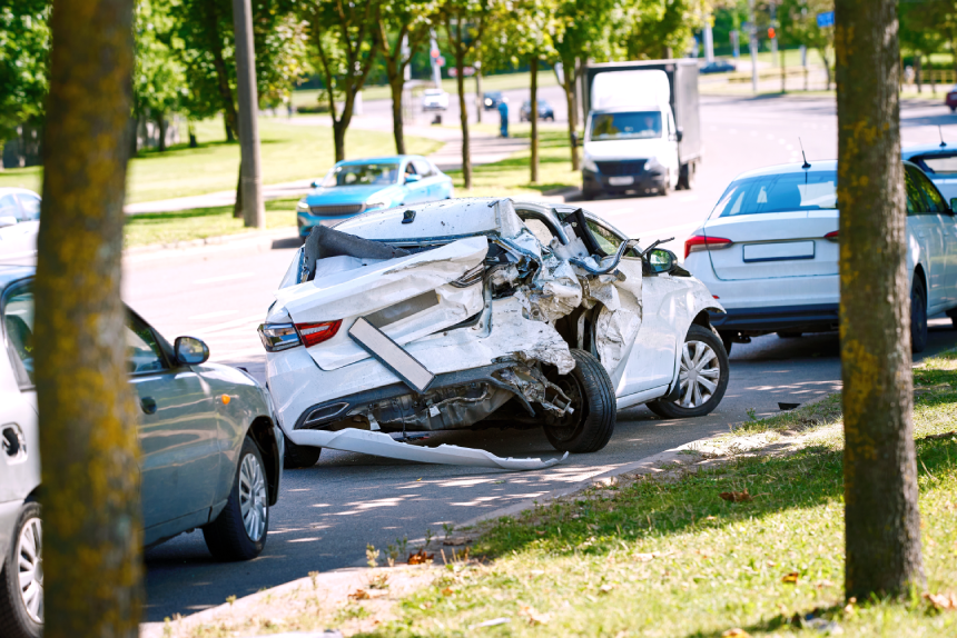 Parked car with fatal damage, completely wrecked frame sits roadside after devastating rear-end collision showing aftermath of major traffic accident.