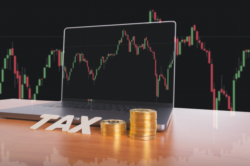 Tax BTC cryptocurrency with TAX wording in front of calculator on blue background