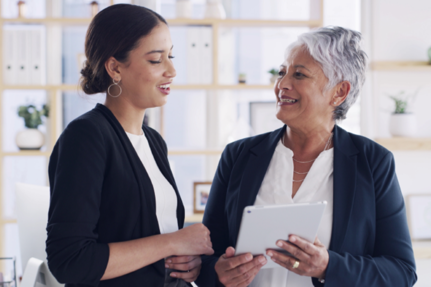 Financial advisor, consulting and tablet with old woman in office for retirement fund, pension plan and advice. Social security bank, digital signature and asset management with people in notary firm