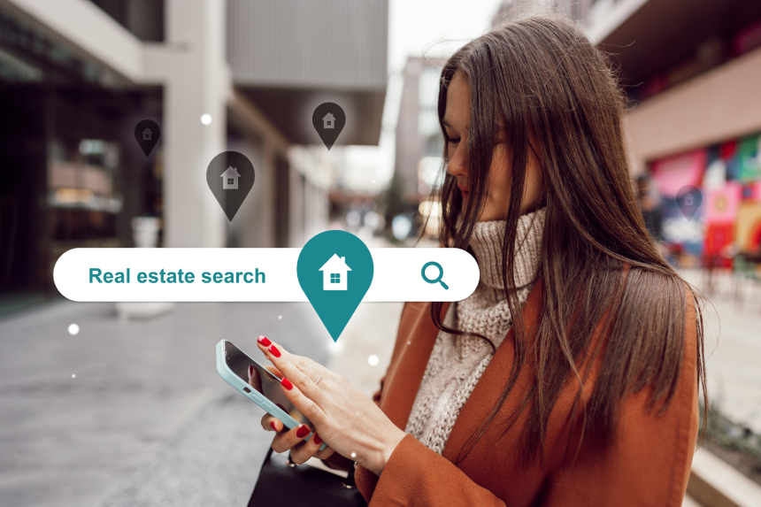 Woman using smartphone for real estate search in urban setting during daytime