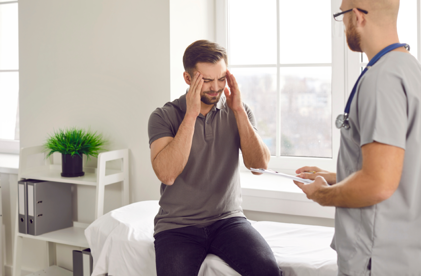 Young man suffering from migraine sitting on medical bed at clinic, holding his head and asking professional physician for help.