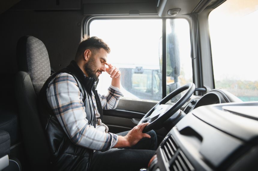 Truck driver feeling stressed and tired, resting on steering wheel holding head, experiencing a headache inside vehicle cabin