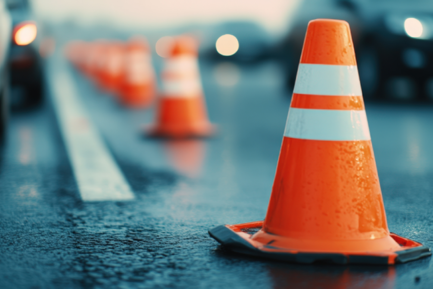A close-up of a wet traffic cone on a road, with blurred cars in the background, indicating roadwork or a traffic diversion.