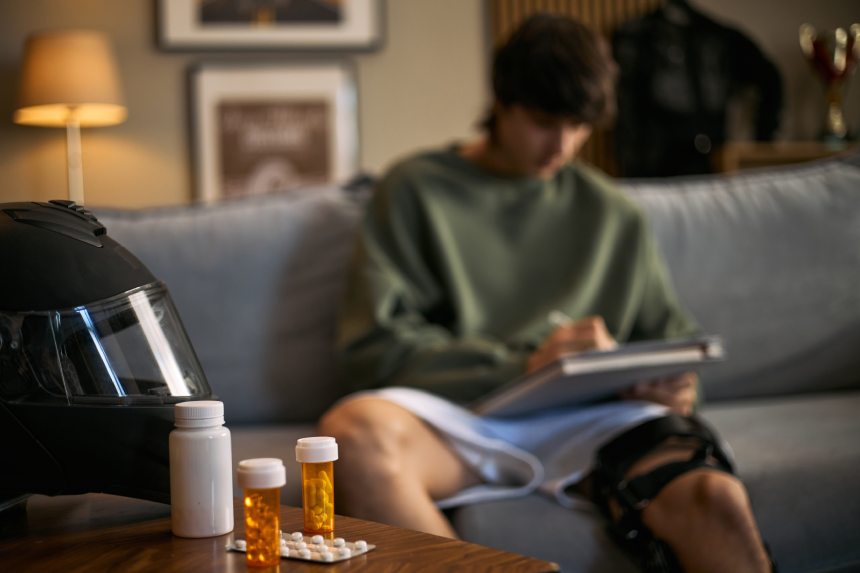 Teenager recovering from motorcycle accident, writing notes while wearing knee brace beside helmet and prescription pills.