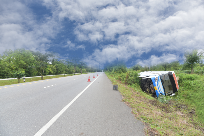 Bus car crash front of black car get damaged by accident on the road