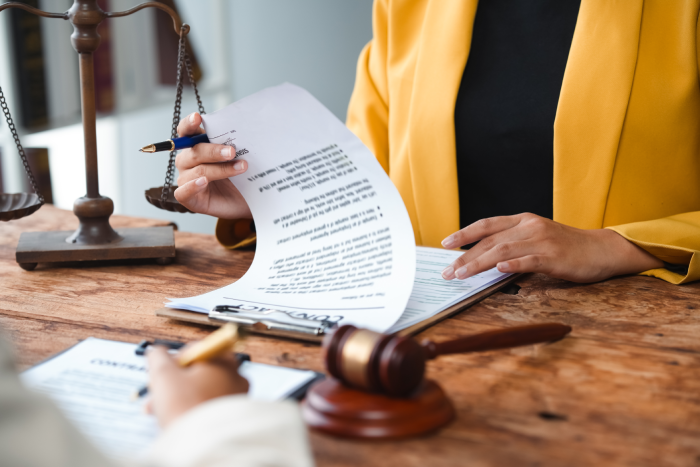 Lawyer explaining legal details to a client at an office, discussing business agreements and contracts. The client listens attentively, ready to sign documents