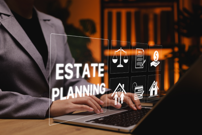 Estate Planning and Will Preparation Concept. Lawyer using laptop with icons represent estate planning, house, family, legal advice, last will, testament, document, asset management, inheritance plan