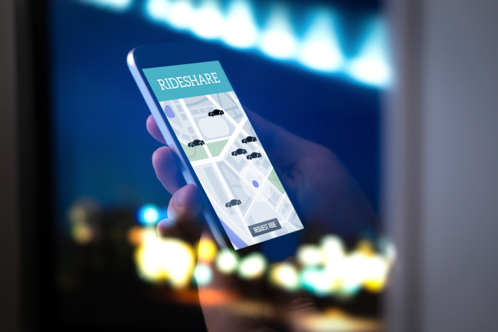 Ride sharing and carpool mobile application. Rideshare taxi app on smartphone screen. Modern online people and commuter transportation service.